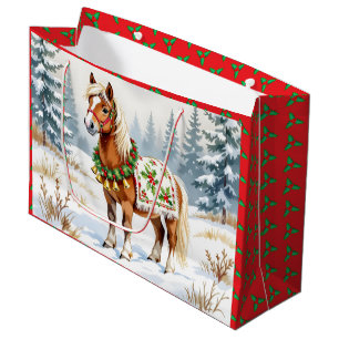 Shetland Pony and Holly Christmas Medium Gift Bag