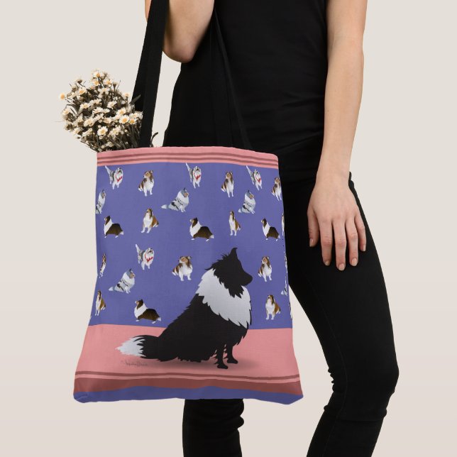 Shetland Sheepdog: Black Sheltie on Purple Tote Bag (Close Up)
