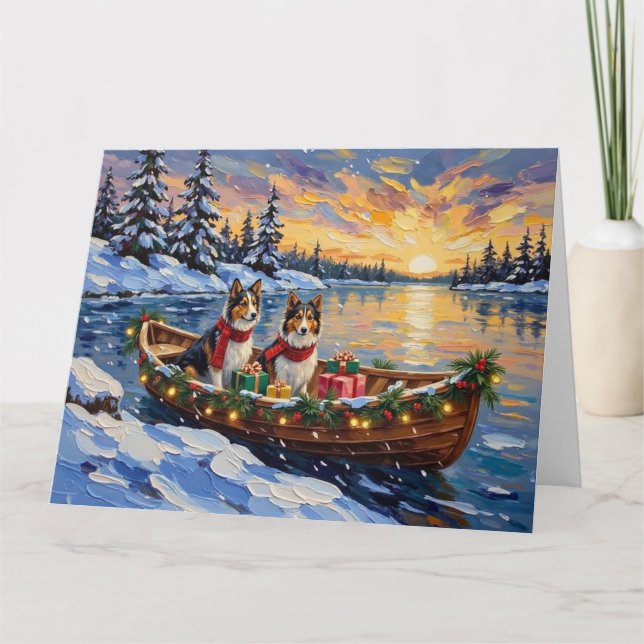 Shetland Sheepdog Christmas Boat Holiday Card (Front)