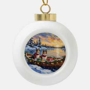 Shetland Sheepdog Christmas Boat Holiday Ceramic Ball Christmas Ornament