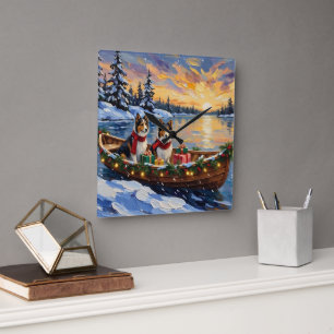 Shetland Sheepdog Christmas Boat Holiday Square Wall Clock