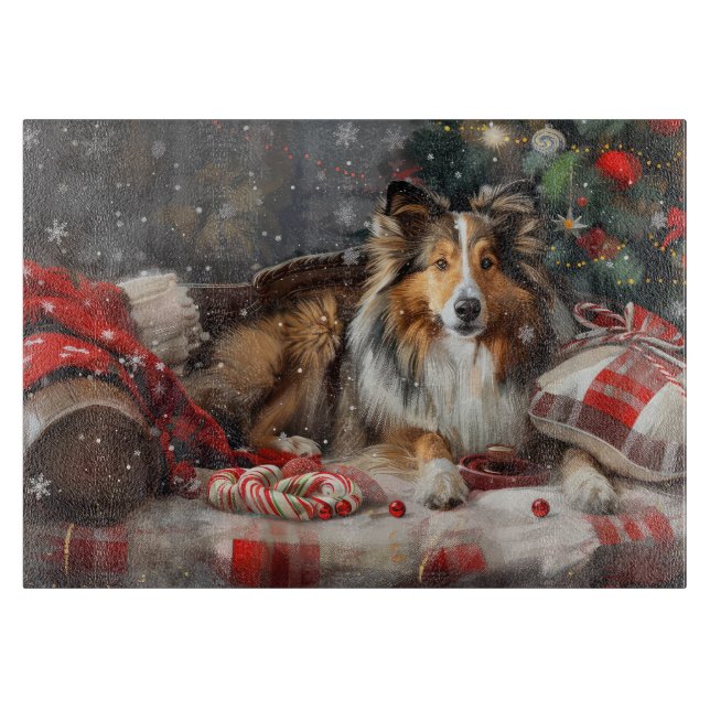Shetland Sheepdog Christmas Festive Cutting Board (Front)