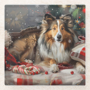 Shetland Sheepdog Christmas Festive Glass Coaster