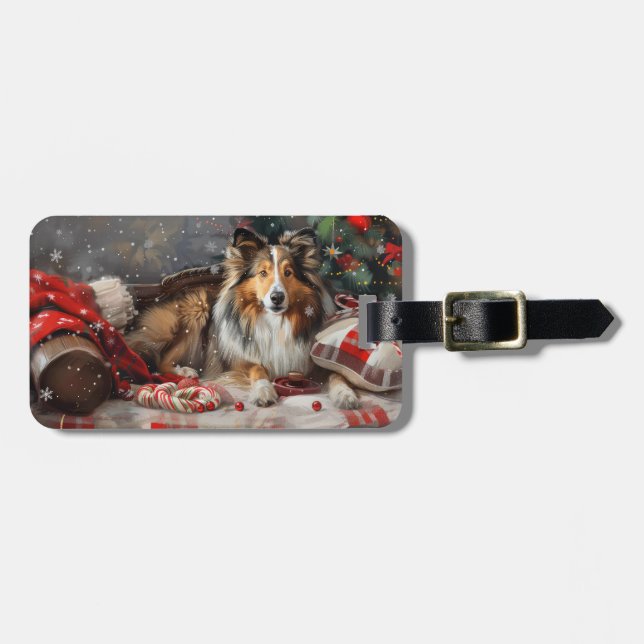 Shetland Sheepdog Christmas Festive Luggage Tag (Front Horizontal)