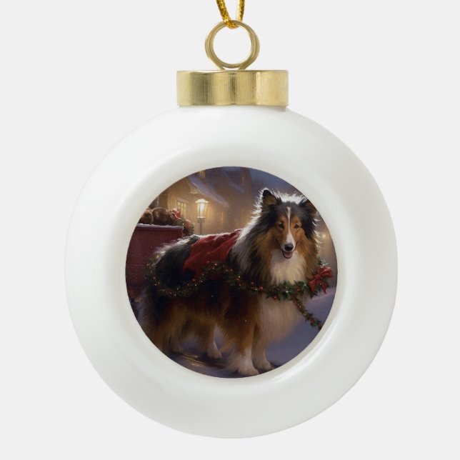 Shetland Sheepdog Christmas Festive Season  Ceramic Ball Christmas Ornament (Front)