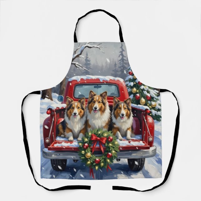 Shetland Sheepdog Christmas Red Truck Holiday Apron (Front)