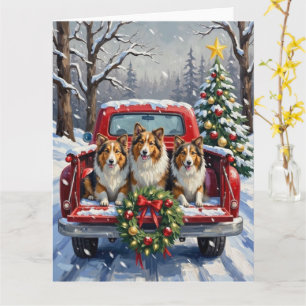 Shetland Sheepdog Christmas Red Truck Holiday Card