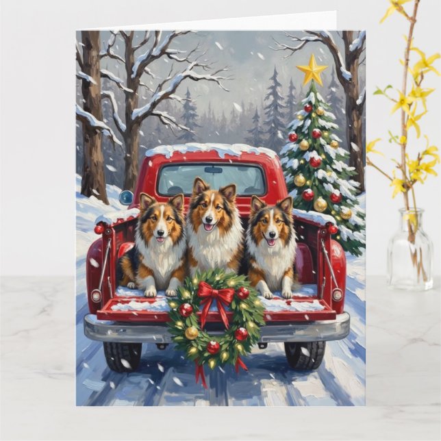 Shetland Sheepdog Christmas Red Truck Holiday Card (Yellow Flower)