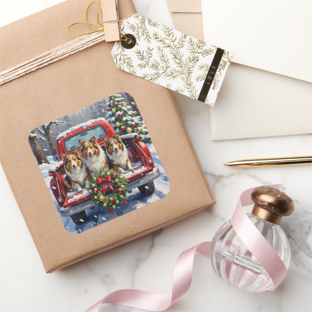 Shetland Sheepdog Christmas Red Truck Holiday Square Sticker (Gifting)