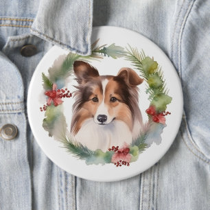 Shetland Sheepdog Christmas Wreath Festive Pup 6 Cm Round Badge