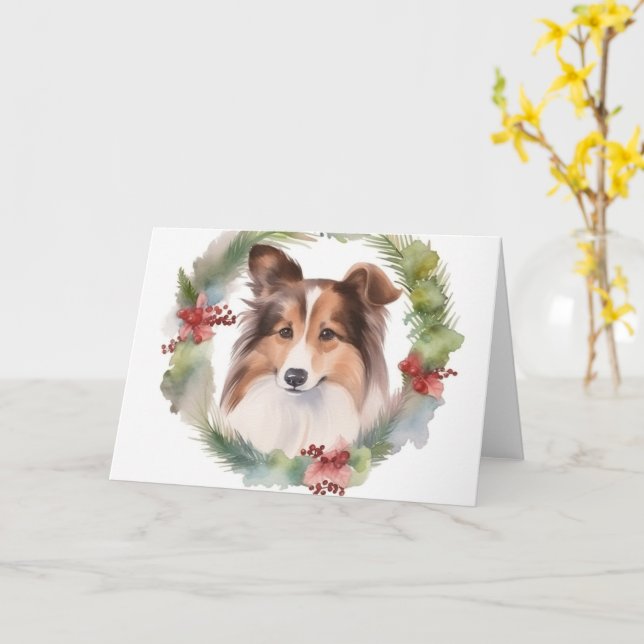 Shetland Sheepdog Christmas Wreath Festive Pup Card (Yellow Flower)