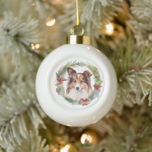 Shetland Sheepdog Christmas Wreath Festive Pup Ceramic Ball Christmas Ornament (Tree)
