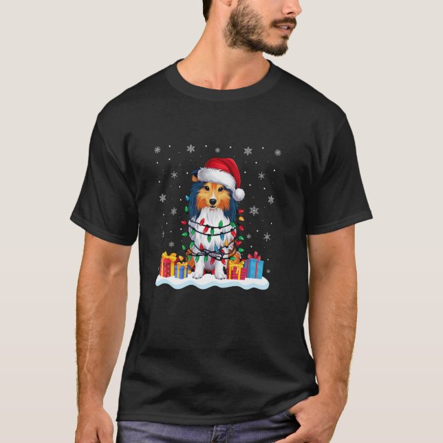 Shetland Sheepdog Dog Santa Hat Christmas Tree Lig T-Shirt (Front)