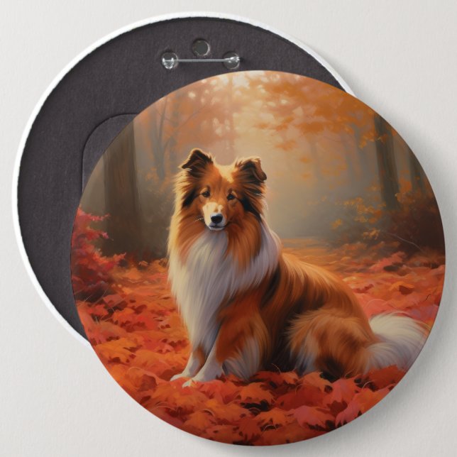 Shetland Sheepdog in Autumn Leaves Fall Inspire  6 Cm Round Badge (Front & Back)
