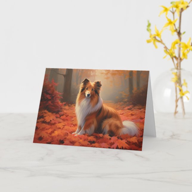 Shetland Sheepdog in Autumn Leaves Fall Inspire  Card (Yellow Flower)