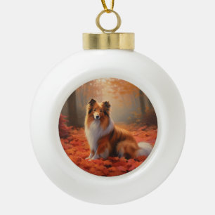 Shetland Sheepdog in Autumn Leaves Fall Inspire  Ceramic Ball Christmas Ornament