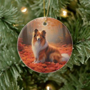 Shetland Sheepdog in Autumn Leaves Fall Inspire  Ceramic Tree Decoration