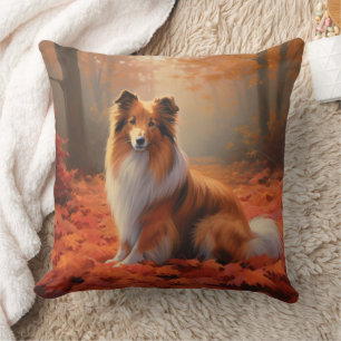 Shetland Sheepdog in Autumn Leaves Fall Inspire Cushion