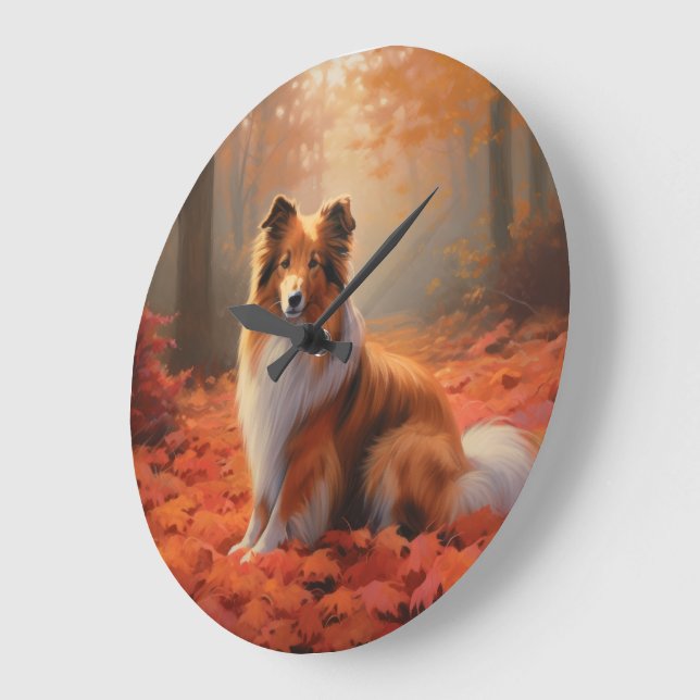Shetland Sheepdog in Autumn Leaves Fall Inspire  Large Clock (Angle)