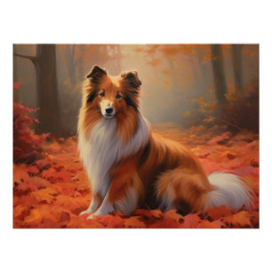 Shetland Sheepdog in Autumn Leaves Fall Inspire  Poster