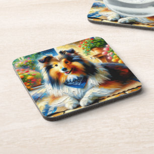 Shetland Sheepdog in Cottage Garden Scene Coaster