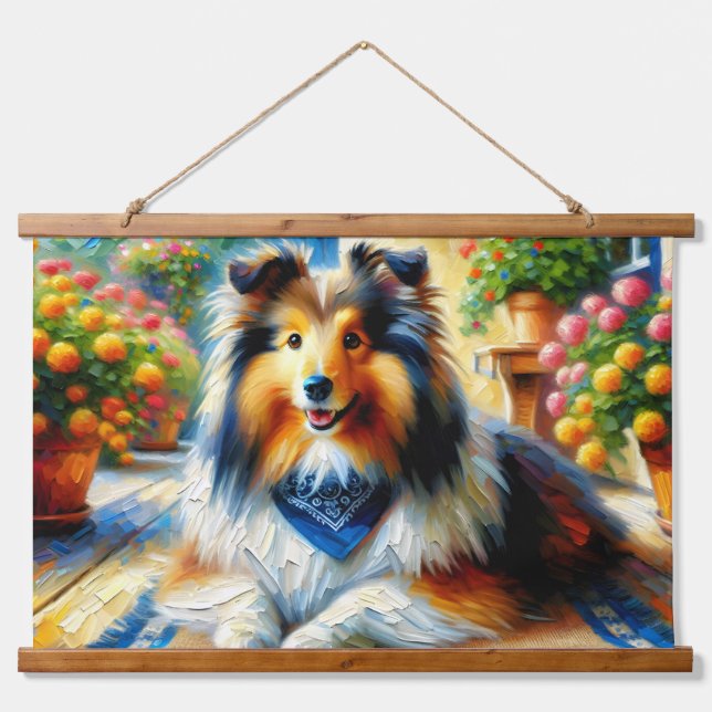 Shetland Sheepdog in Cottage Garden Scene Hanging Tapestry (Front)