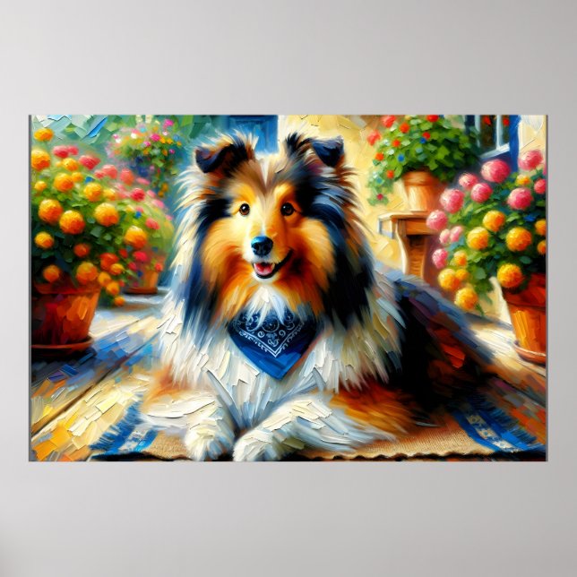 Shetland Sheepdog in Cottage Garden Scene Poster (Front)