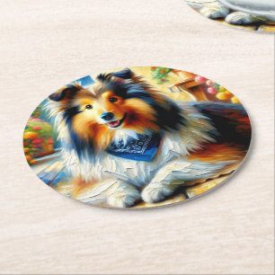 Shetland Sheepdog in Cottage Garden Scene Round Paper Coaster