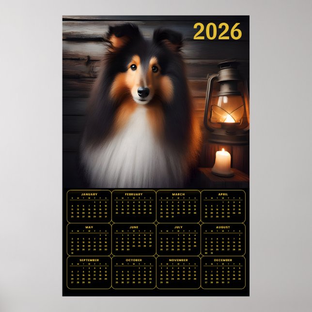 Shetland Sheepdog Lantern Glow Rustic Dog Calendar Poster (Front)