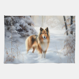 Shetland Sheepdog Let It Snow Christmas Tea Towel