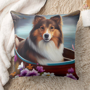 Shetland Sheepdog on a Paddle: A Scenic Adventure  Cushion