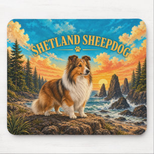 Shetland Sheepdog, Oregon Coast Vintage Watercolor Mouse Pad
