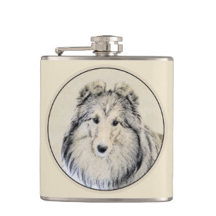 Shetland Sheepdog Painting - Cute Original Dog Art Hip Flask