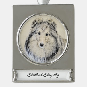 Shetland Sheepdog Painting - Cute Original Dog Art Silver Plated Banner Ornament