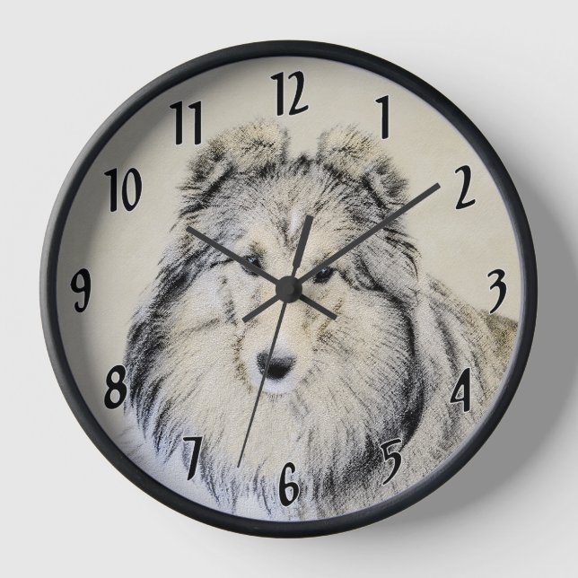 Shetland Sheepdog Painting - Cute Original Dog Art Wall Clock (Front)