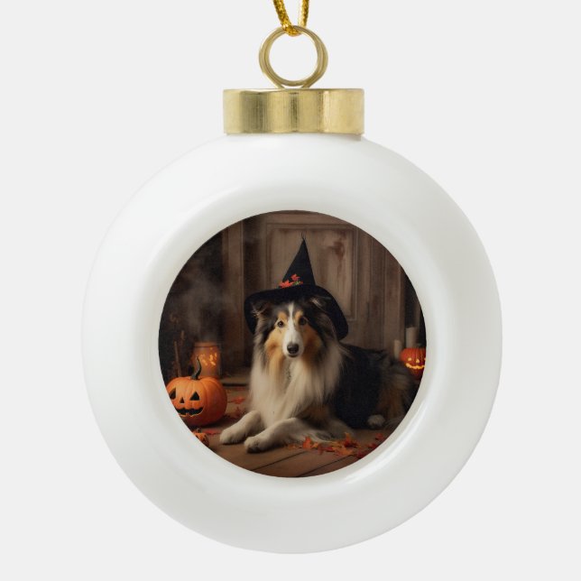 Shetland Sheepdog Pumpkins Halloween Scary  Ceramic Ball Christmas Ornament (Front)