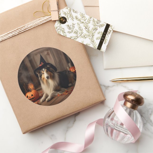 Shetland Sheepdog Pumpkins Halloween Scary  Classic Round Sticker (Gifting)