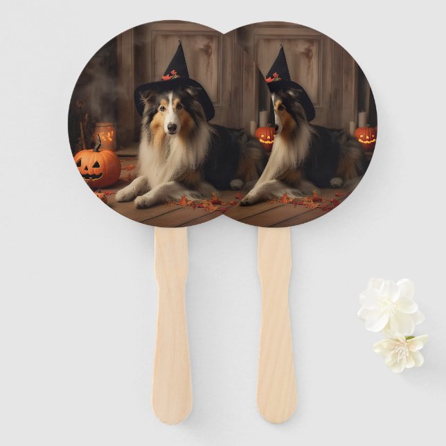 Shetland Sheepdog Pumpkins Halloween Scary  Hand Fan (Front and Back)