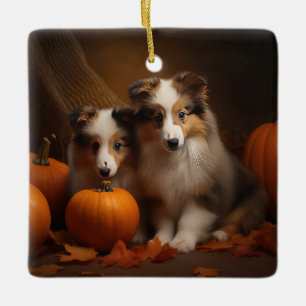 Shetland Sheepdog Puppy Autumn Delight Pumpkin  Ceramic Ornament