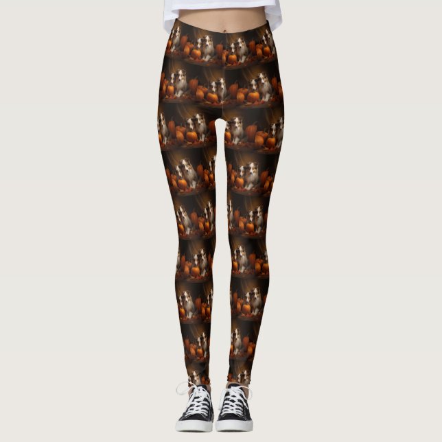 Shetland Sheepdog Puppy Autumn Delight Pumpkin  Leggings (Front)