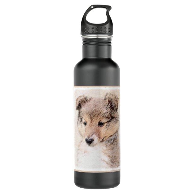 Shetland Sheepdog Puppy Painting Original Dog Art 710 Ml Water Bottle (Front)