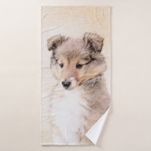 Shetland Sheepdog Puppy Painting Original Dog Art Bath Towel Set