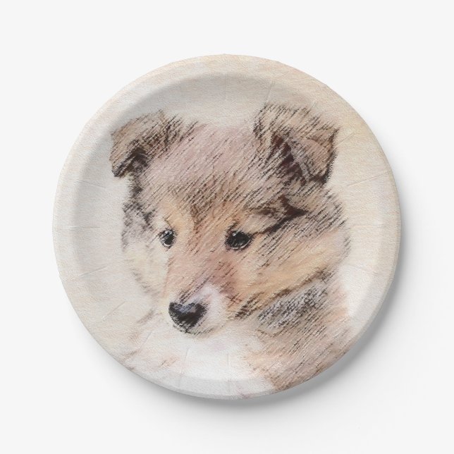 Shetland Sheepdog Puppy Painting Original Dog Art Paper Plate (Front)