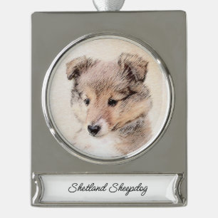 Shetland Sheepdog Puppy Painting Original Dog Art Silver Plated Banner Ornament