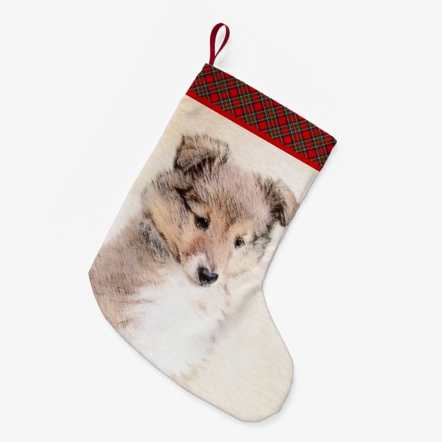 Shetland Sheepdog Puppy Painting Original Dog Art Small Christmas Stocking (Front (Hanging))
