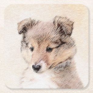 Shetland Sheepdog Puppy Painting Original Dog Art Square Paper Coaster