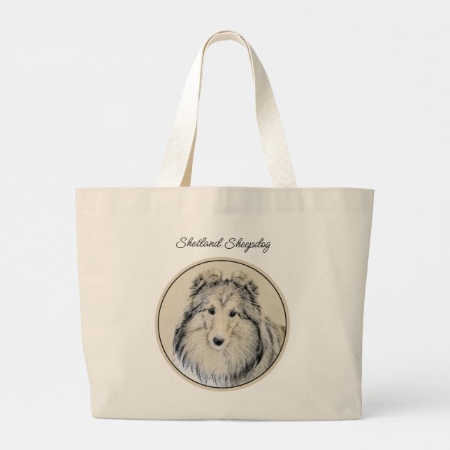 Shetland Sheepdog Puppy Painting Sheltie Dog Art Large Tote Bag (Back)