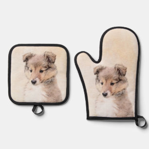 Shetland Sheepdog Puppy Painting Sheltie Dog Art Oven Mitt & Pot Holder Set