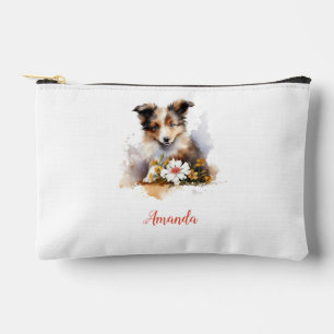 Shetland Sheepdog Puppy Pet Watercolor Flower Accessory Pouch