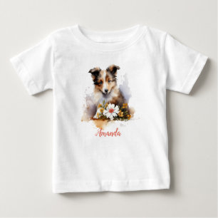 Shetland Sheepdog Puppy Pet Watercolor Flower Baby T-Shirt